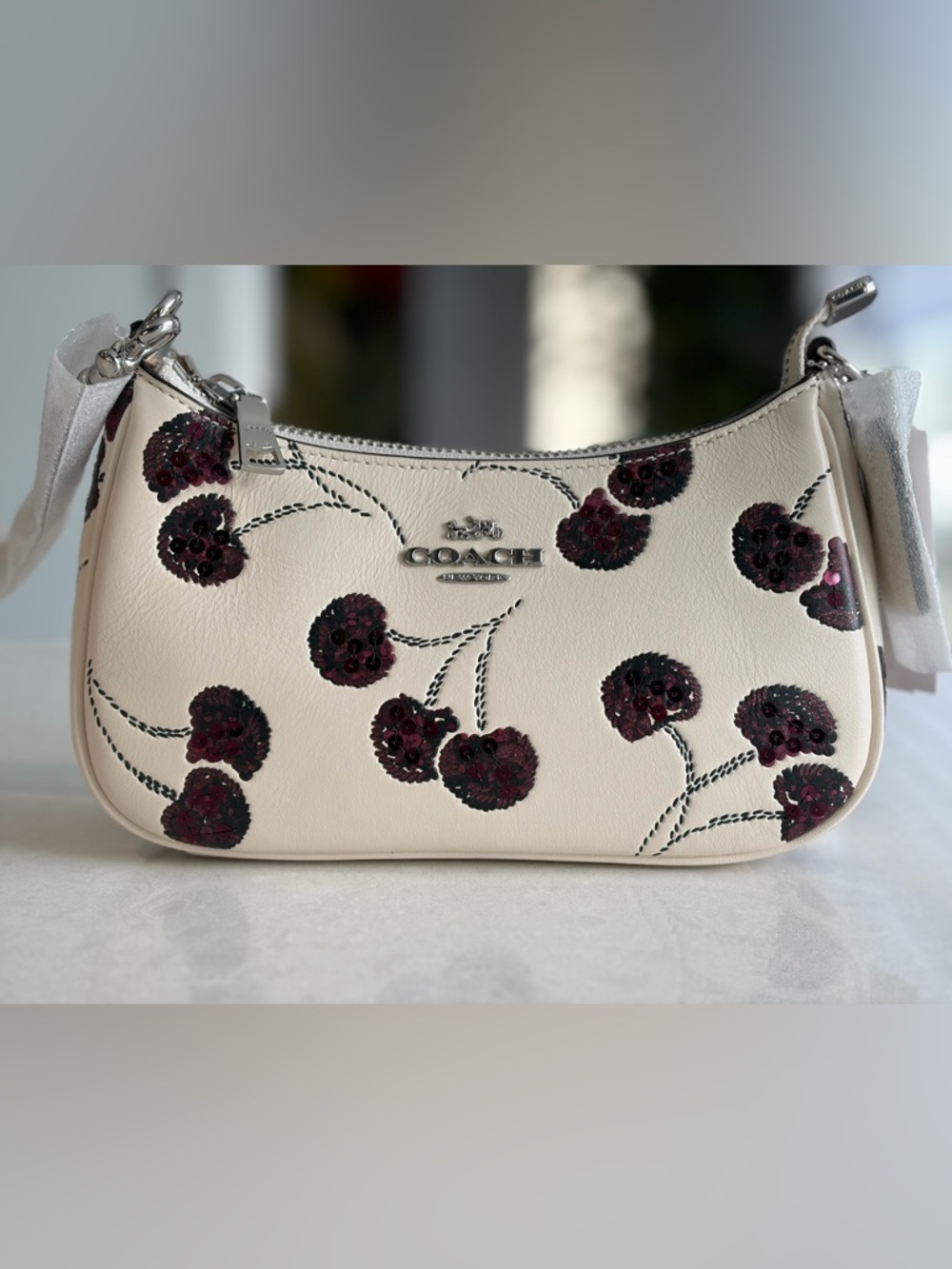 Coach White Mini Teri Shoulder Bag with Dark Cherry print
